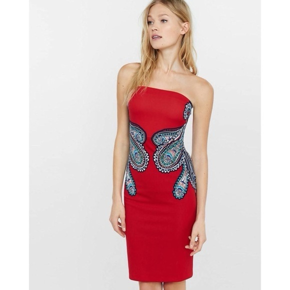 EXPRESS Red Placed Paisley Print Tube Dress Size 0 NEW - Picture 1 of 12